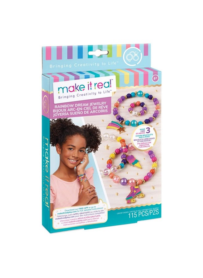 Make It Real Make It Real: Rainbow Dream Jewelry Kit - Create 3 Unique Charm Bracelets & A Ring, 123 Pieces, Includes Play Tray, All-In-One, DIY Colorful Bead Jewelry Kit, Tweens & Girls, Arts & Crafts, Ages 8+  - Image 1