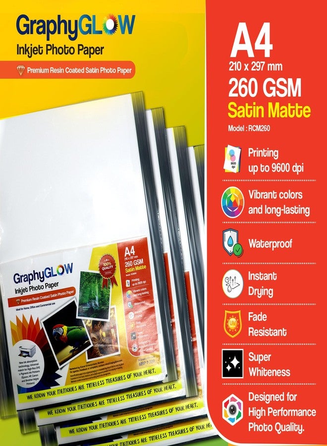 ورق صور GraphyGLOW A4 ساتان مطفي فاخر مطلي بالراتنج، 260 جرامًا للمتر المربع، مقاوم للماء، سريع الجفاف، مقاوم للبهتان، عبوة من 20 ورقة، متوافق مع طابعات نفث الحبر - Image 1