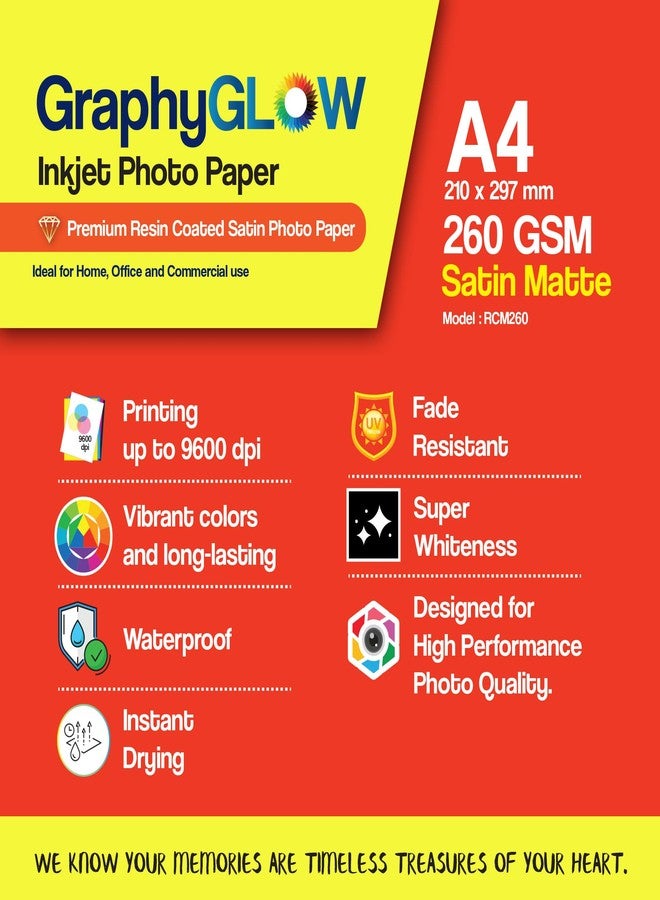 ورق صور GraphyGLOW A4 ساتان مطفي فاخر مطلي بالراتنج، 260 جرامًا للمتر المربع، مقاوم للماء، سريع الجفاف، مقاوم للبهتان، عبوة من 20 ورقة، متوافق مع طابعات نفث الحبر - Image 4