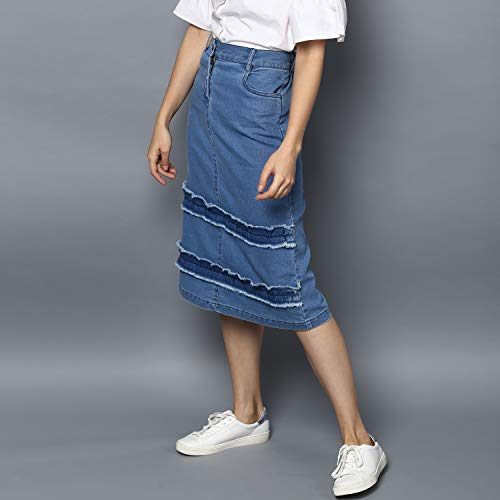 StyleStone Women's Denim Distressed Strip Knee-Length Skirt (Blue, Small) - Image 4