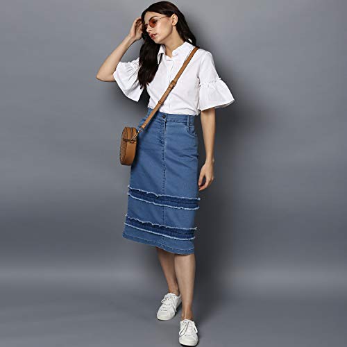 StyleStone Women's Denim Distressed Strip Knee-Length Skirt (Blue, Small) - Image 2