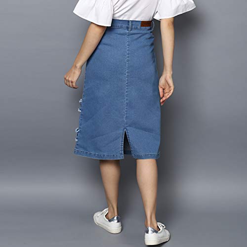 StyleStone Women's Denim Distressed Strip Knee-Length Skirt (Blue, Small) - Image 3