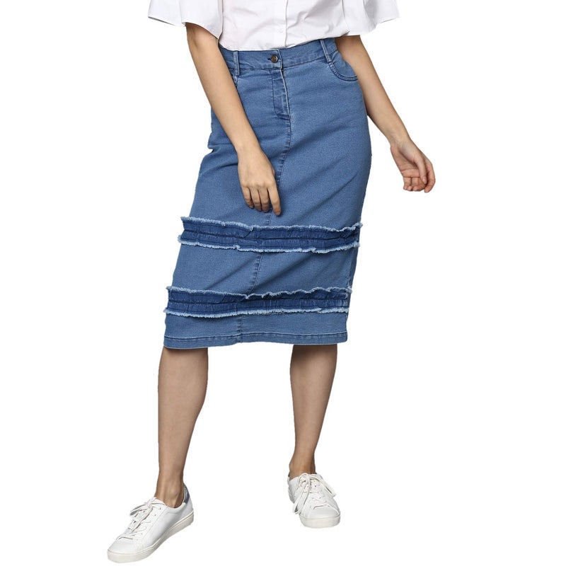 StyleStone Women's Denim Distressed Strip Knee-Length Skirt (Blue, Small) - Image 5
