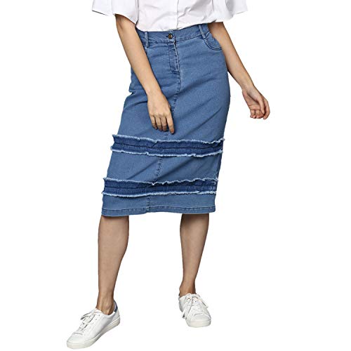 StyleStone Women's Denim Distressed Strip Knee-Length Skirt (Blue, Small) - Image 1