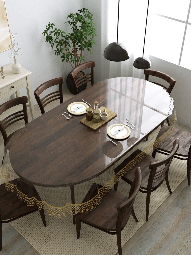 Clasiko 8 Seater Oval Dining Table Cover; 60x108 Inches; Material - PVC; Anti Slip; Golden Tipping Lace - Image 1
