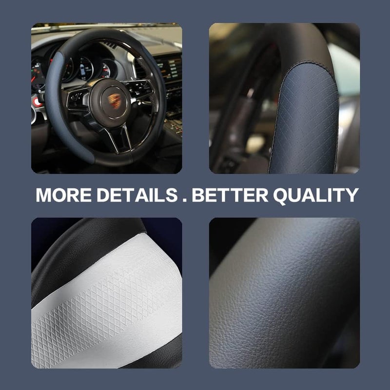 VARGTR Steering Wheel Cover, Microfiber Leather Splicing with Classic Embossing,Contrasting Colors Anti-Slip Breathable Auto Car Steering Wheel Cover Fit 15 Inch Car Wheel Protector (Black&Blue) - Image 4