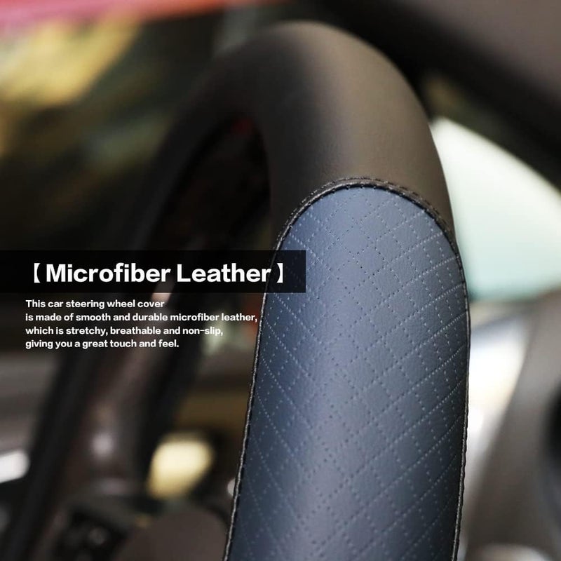 VARGTR Steering Wheel Cover, Microfiber Leather Splicing with Classic Embossing,Contrasting Colors Anti-Slip Breathable Auto Car Steering Wheel Cover Fit 15 Inch Car Wheel Protector (Black&Blue) - Image 2
