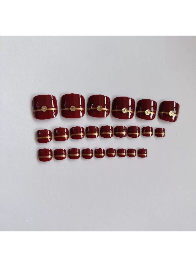 Press on Toe Nails, 24PCS Press on Toenails Short Square,  Full Cover,  deep red with golden line,  glue provided - Image 4