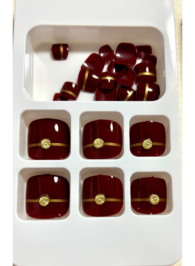 Press on Toe Nails, 24PCS Press on Toenails Short Square,  Full Cover,  deep red with golden line,  glue provided - Image 2