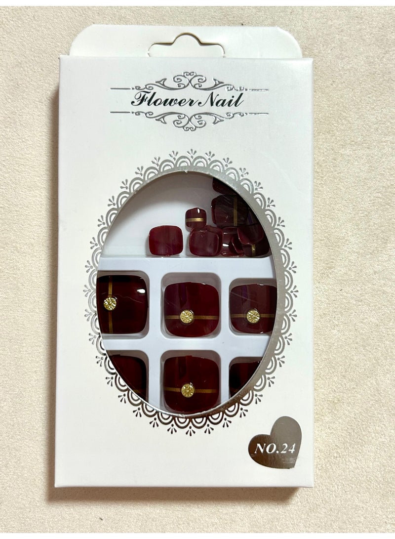Press on Toe Nails, 24PCS Press on Toenails Short Square,  Full Cover,  deep red with golden line,  glue provided - Image 3