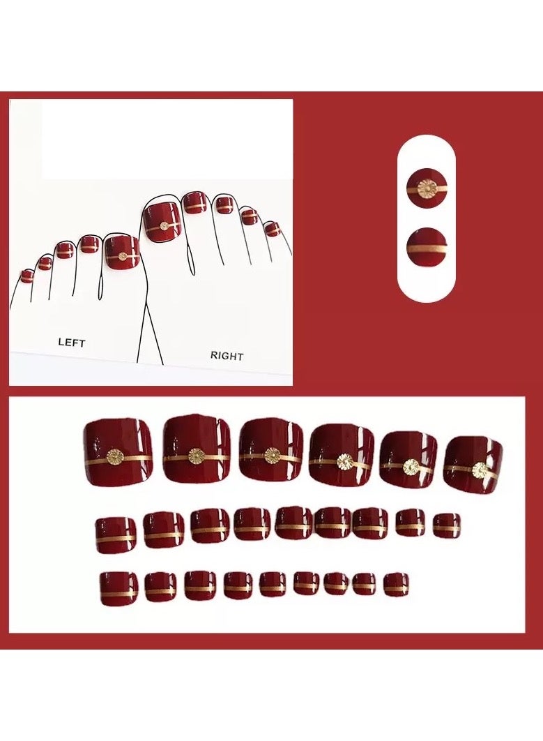 Press on Toe Nails, 24PCS Press on Toenails Short Square,  Full Cover,  deep red with golden line,  glue provided - Image 1