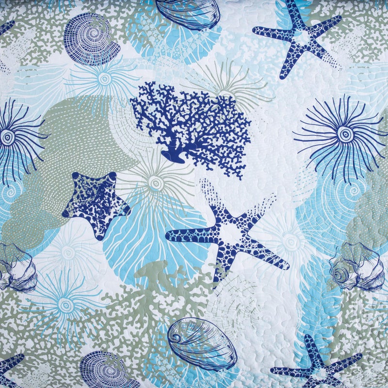 Dinjoy Coastal Quilt Set Full Size, Blue Ocean Beach Themed Bedding Set Coral Seashell Conch Starfish Pattern Microfiber Lightweight Summer Bedspread Coverlet Bed Set All Season(78x90 Inch) - Image 5