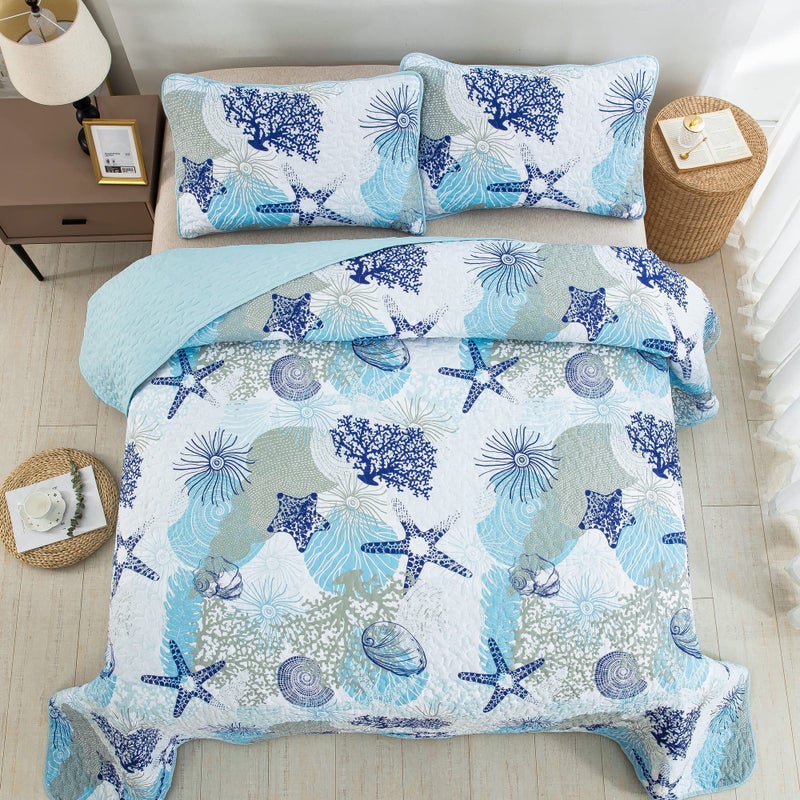 Dinjoy Coastal Quilt Set Full Size, Blue Ocean Beach Themed Bedding Set Coral Seashell Conch Starfish Pattern Microfiber Lightweight Summer Bedspread Coverlet Bed Set All Season(78x90 Inch) - Image 3