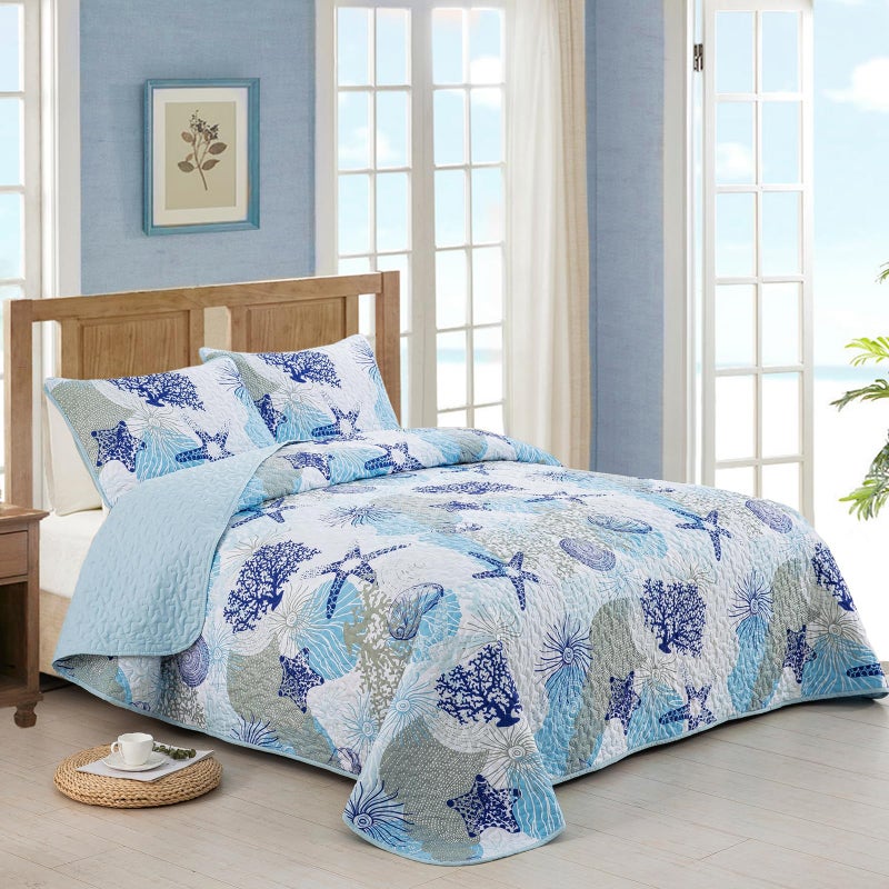 Dinjoy Coastal Quilt Set Full Size, Blue Ocean Beach Themed Bedding Set Coral Seashell Conch Starfish Pattern Microfiber Lightweight Summer Bedspread Coverlet Bed Set All Season(78x90 Inch) - Image 2