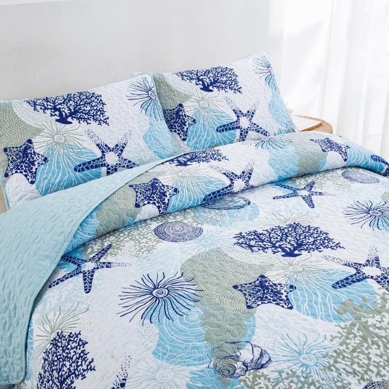 Dinjoy Coastal Quilt Set Full Size, Blue Ocean Beach Themed Bedding Set Coral Seashell Conch Starfish Pattern Microfiber Lightweight Summer Bedspread Coverlet Bed Set All Season(78x90 Inch) - Image 4
