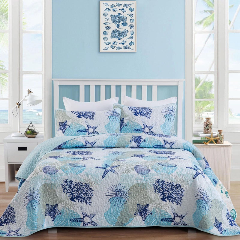 Dinjoy Coastal Quilt Set Full Size, Blue Ocean Beach Themed Bedding Set Coral Seashell Conch Starfish Pattern Microfiber Lightweight Summer Bedspread Coverlet Bed Set All Season(78x90 Inch) - Image 1