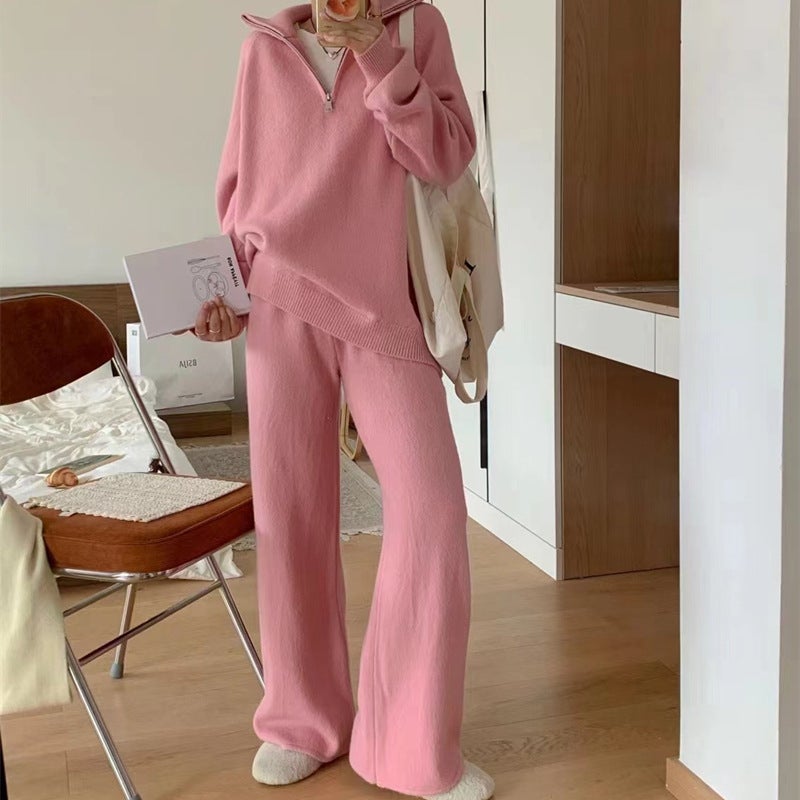 Chic Knit Sweater Pant Set Womens Casual Autumn Winter Pink - Image 1