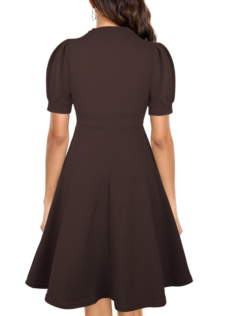 Mokayee Brown Dress for Women Summer Puff Sleeve V Neck A Line Semi-Formal Fit and Flare Swing Cocktail Modest Interview Dinner Business Wear to Work Dresses with Pockets XL - Image 2
