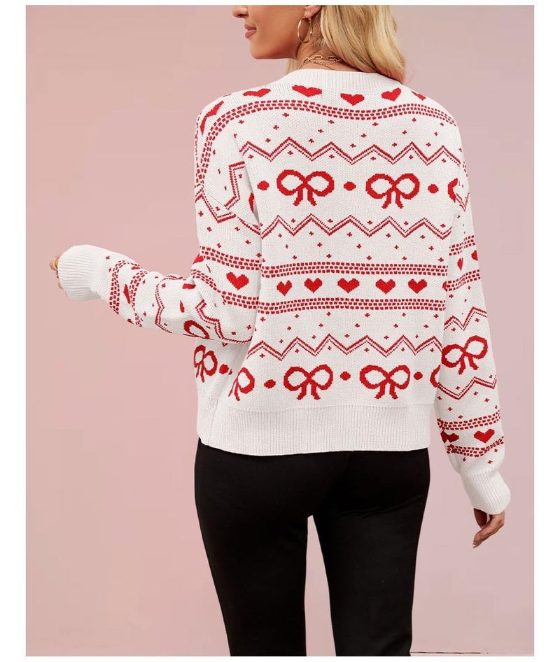 TYHOTULY Valentine's Day Cardigan for Women Kawaii Cute Bow Heart Love Pattern Knitted Cropped Button Up Sweater Trendy Tops (White,Medium) - Image 3
