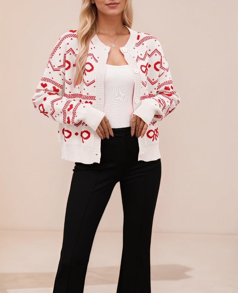 TYHOTULY Valentine's Day Cardigan for Women Kawaii Cute Bow Heart Love Pattern Knitted Cropped Button Up Sweater Trendy Tops (White,Medium) - Image 2