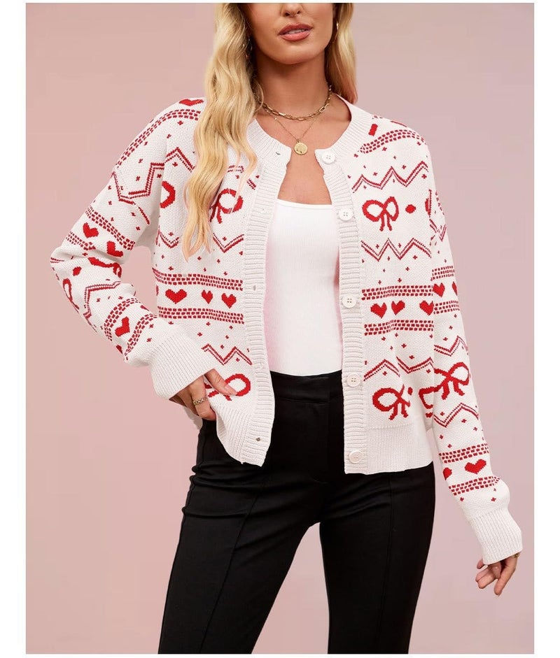 TYHOTULY Valentine's Day Cardigan for Women Kawaii Cute Bow Heart Love Pattern Knitted Cropped Button Up Sweater Trendy Tops (White,Medium) - Image 4