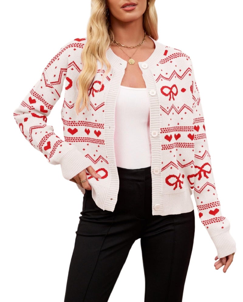TYHOTULY Valentine's Day Cardigan for Women Kawaii Cute Bow Heart Love Pattern Knitted Cropped Button Up Sweater Trendy Tops (White,Medium) - Image 1