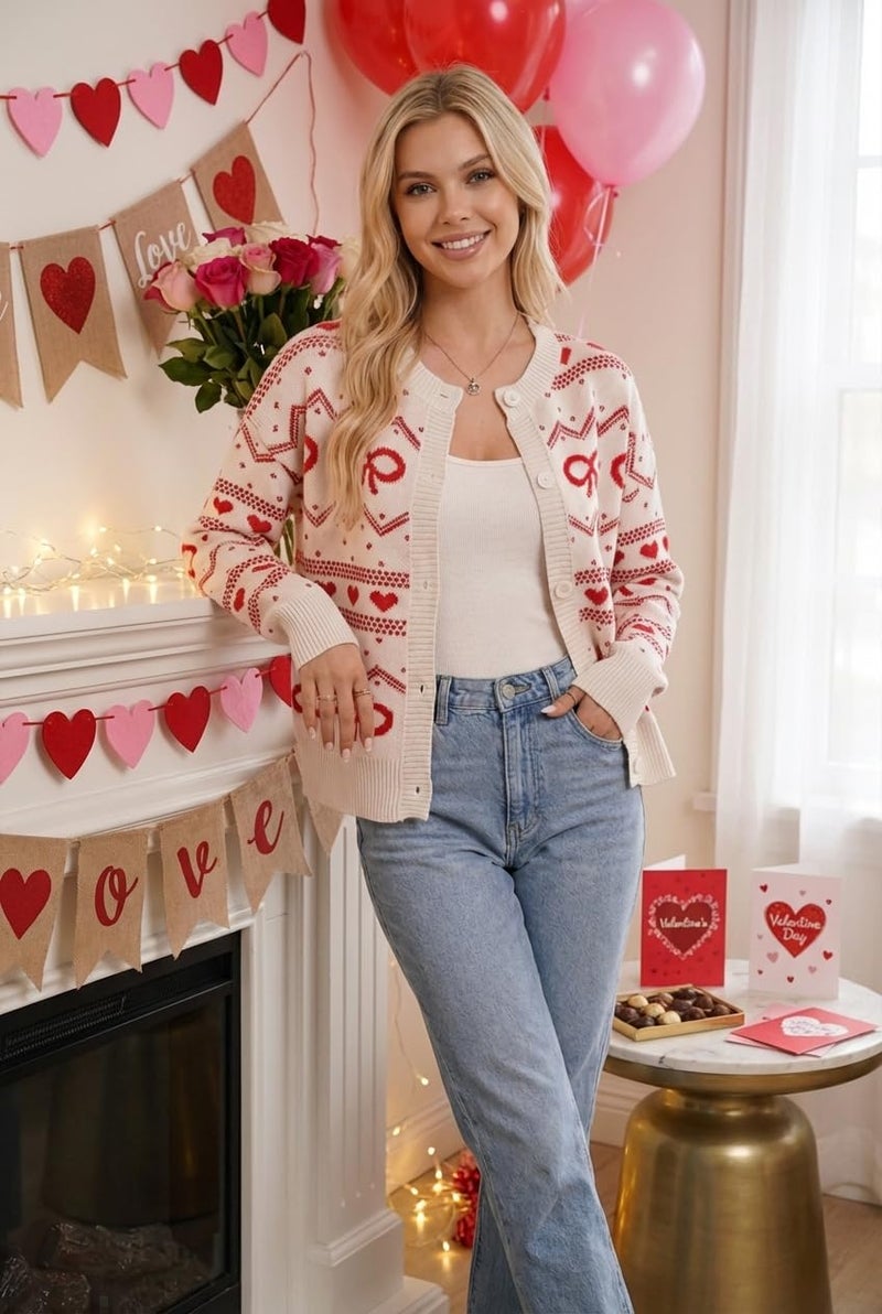 TYHOTULY Valentine's Day Cardigan for Women Kawaii Cute Bow Heart Love Pattern Knitted Cropped Button Up Sweater Trendy Tops (White,Medium) - Image 5