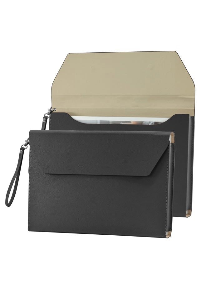 VANRA PU Leather A4 File Folder Waterproof File Folder Organizer Leather Document Portfolio for A4 Letter Size Magnetic Closure Leather Envelope for School, Home and Office (Black) - Image 1