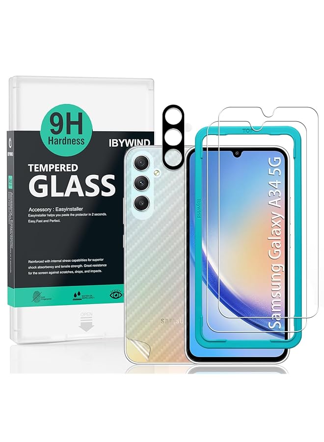 Ibywind Screen Protector For Samsung Galaxy A34 5G 6.6 Inches With 2Pcs Tempered Glass 1Pc Camera Lens Protector 1Pc Backing Carbon Fiber Film Fingerprint Reader Easy To Install - Image 1