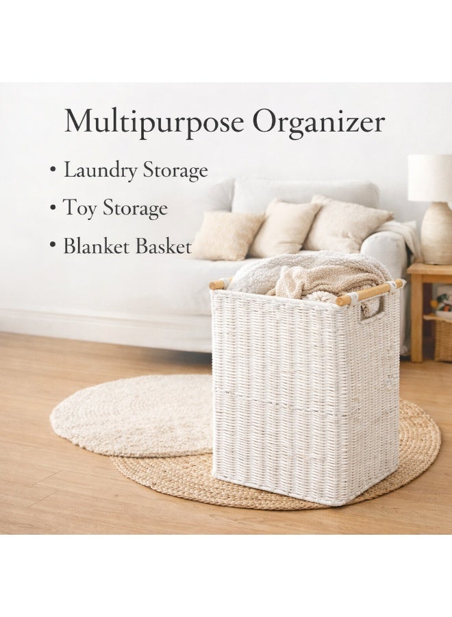 Homesmiths Small Paper Rope Laundry Basket with Wood Handle, L39.9 x B30 x H51.8 cm – Durable Woven Laundry Hamper for Clothes & Storage – Stylish Eco-Friendly Organizer for Home & Nursery - Image 5