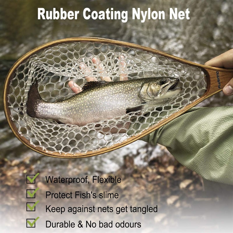 PLUSINNO Fly Fishing Net, Wooden Frame Fishing Landing Net with Magnetic Release, Soft Rubber Mesh Net for Trout Bass Catch and Release, Magnetic Fly Fishing Gear - Image 2