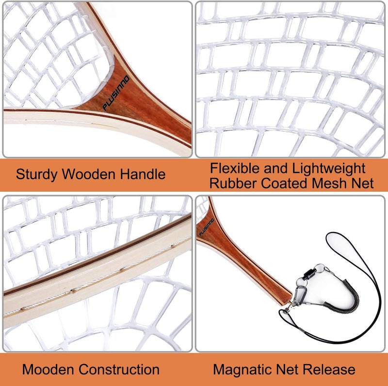 PLUSINNO Fly Fishing Net, Wooden Frame Fishing Landing Net with Magnetic Release, Soft Rubber Mesh Net for Trout Bass Catch and Release, Magnetic Fly Fishing Gear - Image 3