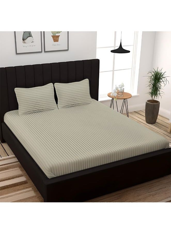 BYFT Tulip (Cream) Queen Size Fitted Sheet and Pillow Covers with 1 cm Satin Stripe (Set of 3 Pcs) 100% Cotton, Soft and Luxurious Hotel Quality Bed linen-300 TC