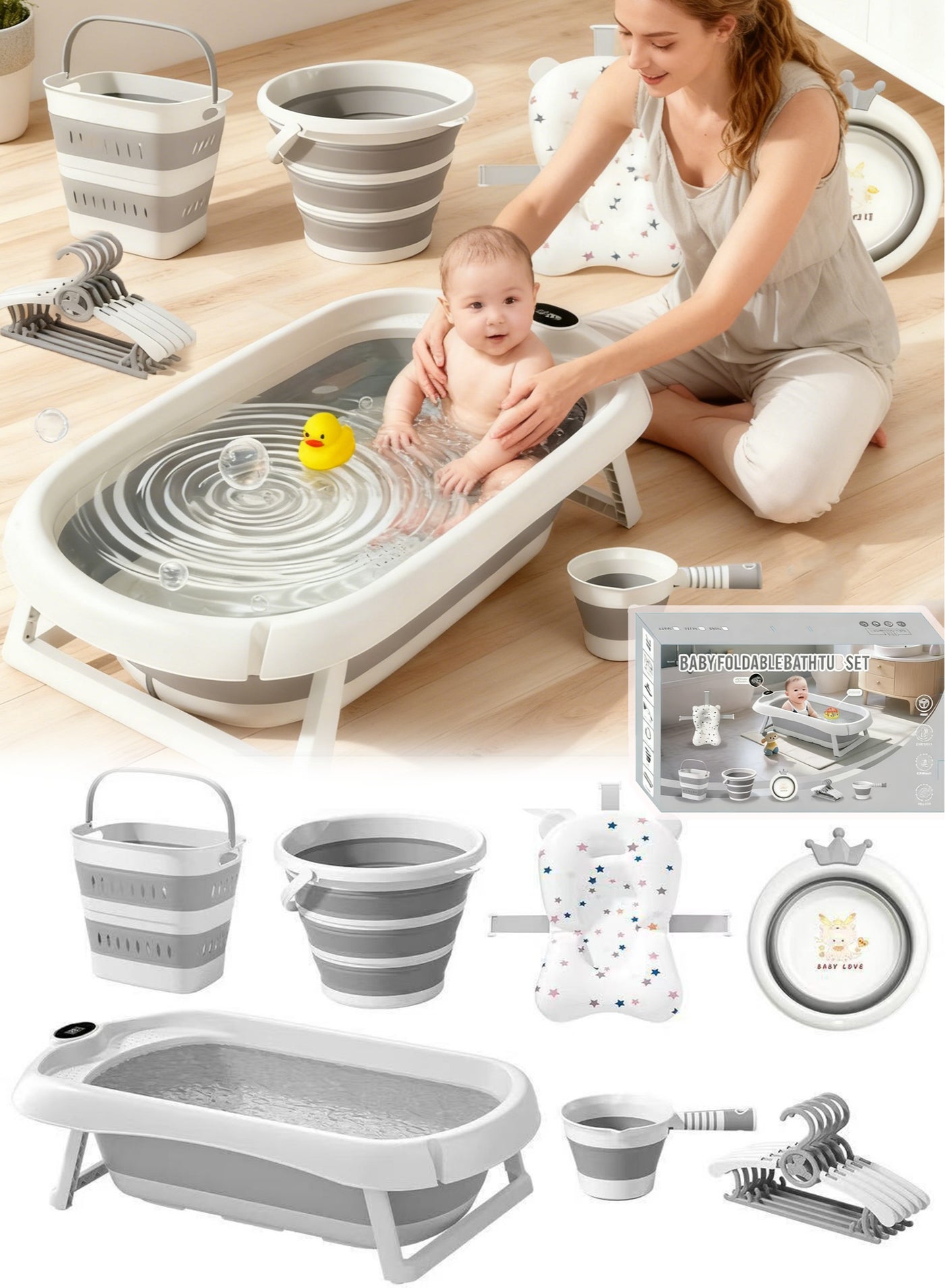 Foldable Baby Bath Tub with Set 8-Piece with Digital Thermometer & Safety Bath Net, Portable Infant Bathtub, Drain Hole & Thermometer, Anti-Tip Legs, Non-Slip Shower Basin for 0-8 Years Boy Girl, Newborn Bath Gift Set