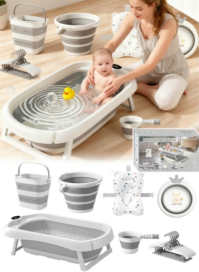 مس تيارا حوض استحمام قابل للطي للأطفال مع مجموعة من 8 قطع مع مقياس حرارة رقمي وشبكة استحمام آمنة، حوض استحمام محمول للأطفال، فتحة تصريف ومقياس حرارة، أرجل مضادة للانقلاب، حوض استحمام غير قابل للانزلاق للأطفال من عمر 0 ​​إلى 8 سنوات، مجموعة هدايا حمام حديثي الولادة - Image 1