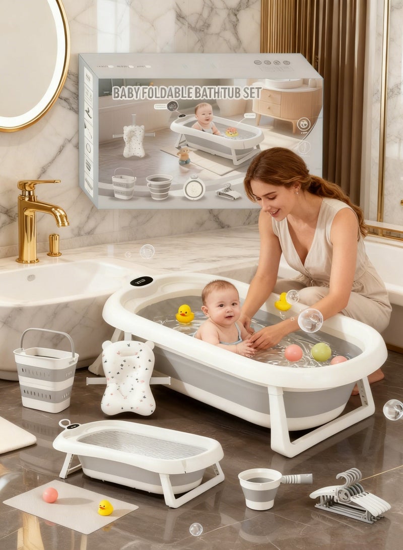 مس تيارا حوض استحمام قابل للطي للأطفال مع مجموعة من 8 قطع مع مقياس حرارة رقمي وشبكة استحمام آمنة، حوض استحمام محمول للأطفال، فتحة تصريف ومقياس حرارة، أرجل مضادة للانقلاب، حوض استحمام غير قابل للانزلاق للأطفال من عمر 0 ​​إلى 8 سنوات، مجموعة هدايا حمام حديثي الولادة - Image 2