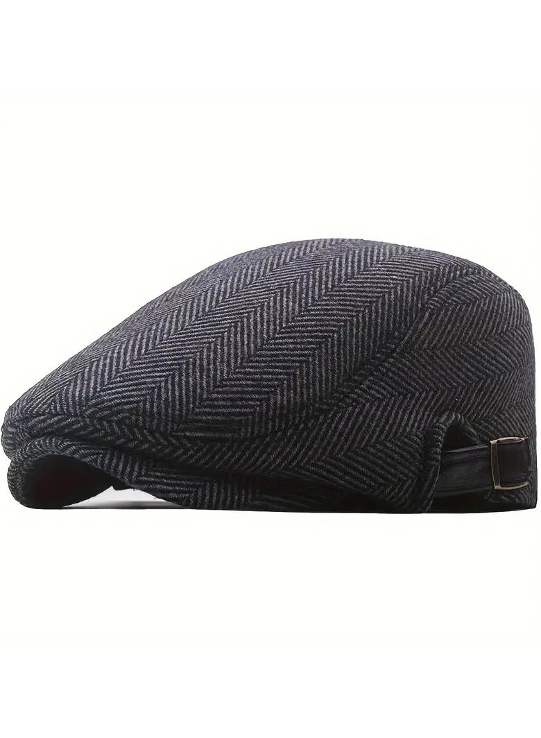 Dot Men's Beret Hat With Newsboy Design, Irish Gatsby Cap, Adjustable With Metal Buckle, Breathable Fabric For Outdoor Driving, Classic Beret For Sun Protection, Striped Gray - Image 1