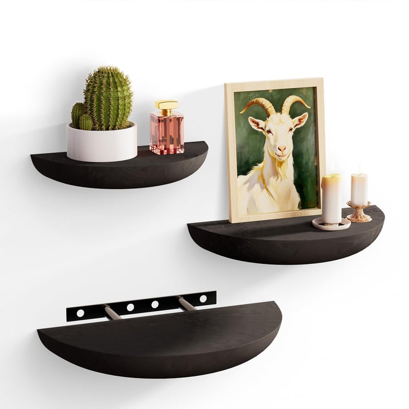 QsQueen Solid Wood Half Round Floating Wall Shelves Elegant Floating Shelves Elevate Your Space Perfect for Living Rooms Bathrooms Bedrooms Offices Childrens Rooms Black - Image 2