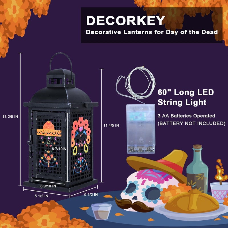 DECORKEY Day of The Dead Decorations, 13.4’’ Decorative Skull Women&Men Candle Lantern with 60" Lights(No Battery), Tabletop&Hanging Lantern for Indoor&Outdoor Yard Altar Table Party Halloween Decor - Image 3