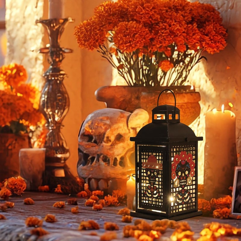 DECORKEY Day of The Dead Decorations, 13.4’’ Decorative Skull Women&Men Candle Lantern with 60" Lights(No Battery), Tabletop&Hanging Lantern for Indoor&Outdoor Yard Altar Table Party Halloween Decor - Image 5