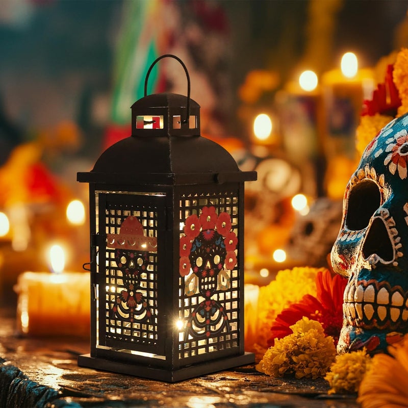 DECORKEY Day of The Dead Decorations, 13.4’’ Decorative Skull Women&Men Candle Lantern with 60" Lights(No Battery), Tabletop&Hanging Lantern for Indoor&Outdoor Yard Altar Table Party Halloween Decor - Image 1