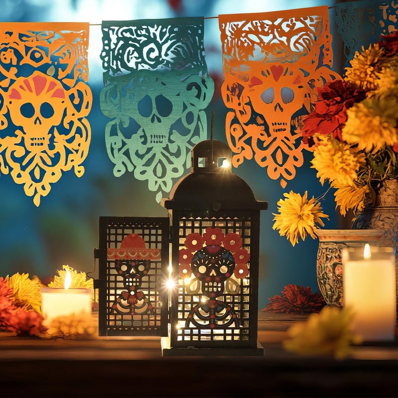 DECORKEY Day of The Dead Decorations, 13.4’’ Decorative Skull Women&Men Candle Lantern with 60" Lights(No Battery), Tabletop&Hanging Lantern for Indoor&Outdoor Yard Altar Table Party Halloween Decor - Image 4