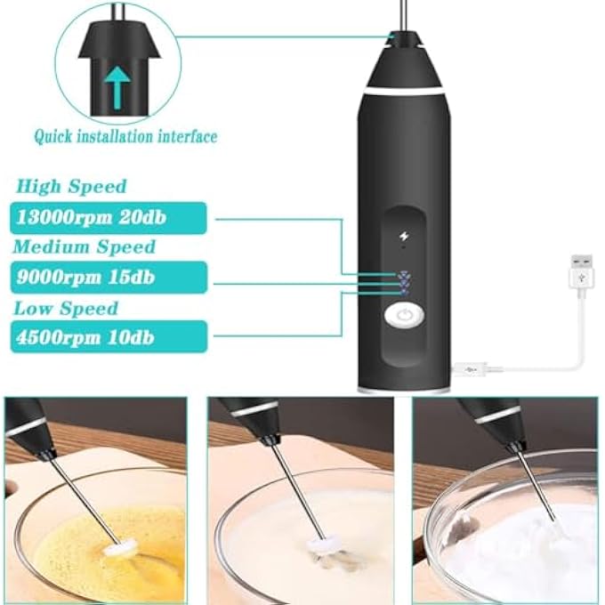 NALACAL جهاز خفق الحليب اليدوي، جهاز خفق القهوة الكهربائي، خفاقة كهربائية قابلة لإعادة الشحن، 3 سرعات، مع رأس خفق زنبركي مزدوج، وكابل USB، وصانع رغوة 3 في 1 للاتيه، والحليب، والشوكولاتة الساخنة، وخفق البيض - Image 4