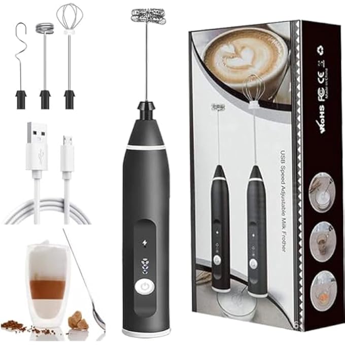 NALACAL جهاز خفق الحليب اليدوي، جهاز خفق القهوة الكهربائي، خفاقة كهربائية قابلة لإعادة الشحن، 3 سرعات، مع رأس خفق زنبركي مزدوج، وكابل USB، وصانع رغوة 3 في 1 للاتيه، والحليب، والشوكولاتة الساخنة، وخفق البيض - Image 2