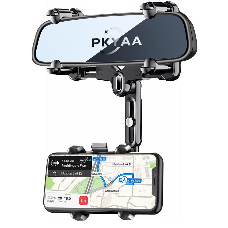 PKYAA Rearview Mirror Phone Holder for Car, 360Â° Rotating Rear View Mount with Adjustable Arm Length, Upgraded Four Corners Fixed Anti-Shake Multifunctional Design for All Smartphones - Image 1