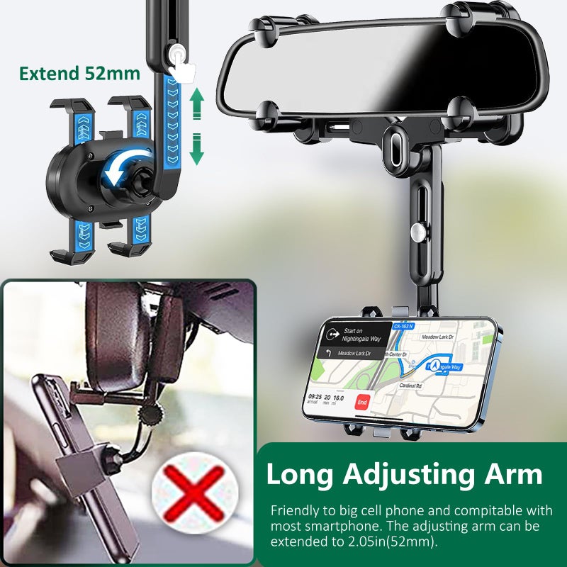 PKYAA Rearview Mirror Phone Holder for Car, 360Â° Rotating Rear View Mount with Adjustable Arm Length, Upgraded Four Corners Fixed Anti-Shake Multifunctional Design for All Smartphones - Image 4