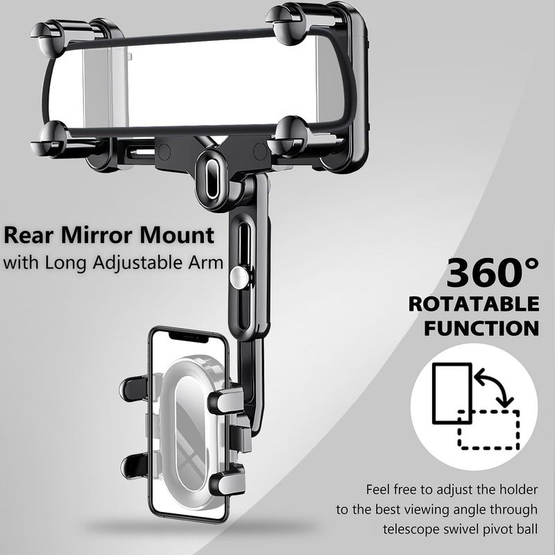 PKYAA Rearview Mirror Phone Holder for Car, 360Â° Rotating Rear View Mount with Adjustable Arm Length, Upgraded Four Corners Fixed Anti-Shake Multifunctional Design for All Smartphones - Image 2