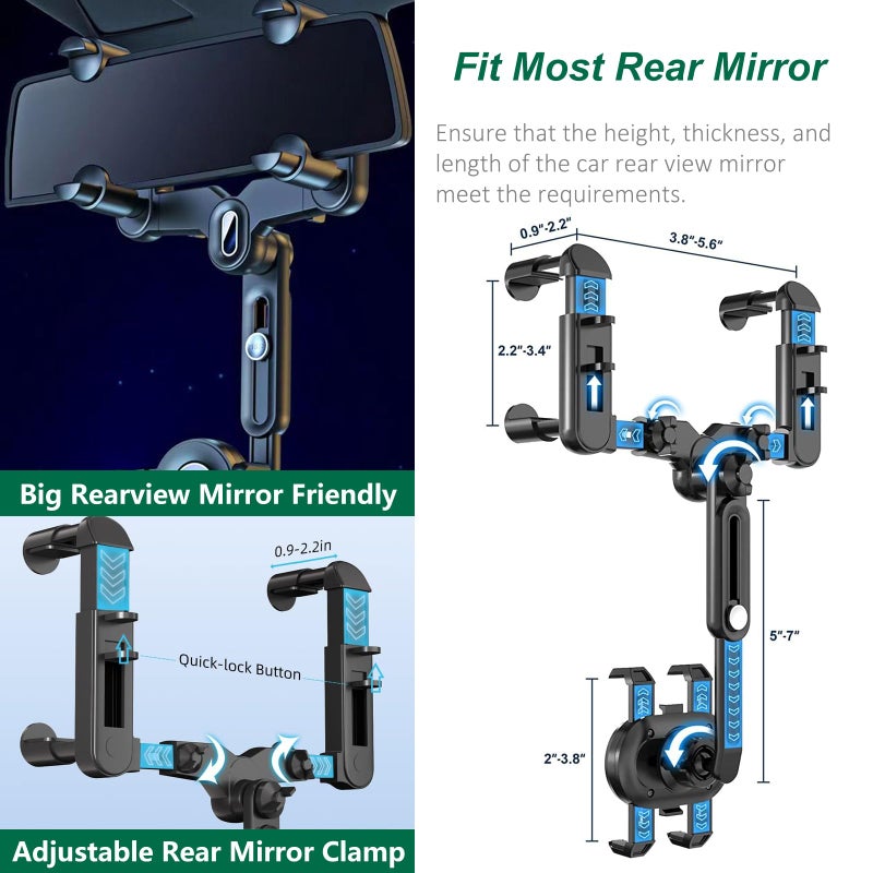 PKYAA Rearview Mirror Phone Holder for Car, 360Â° Rotating Rear View Mount with Adjustable Arm Length, Upgraded Four Corners Fixed Anti-Shake Multifunctional Design for All Smartphones - Image 3