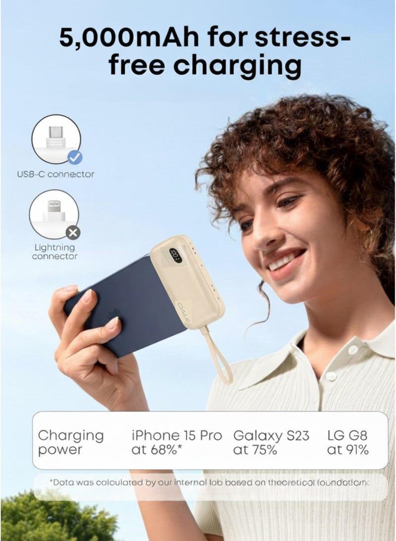 Oale 5000mAh Mini Power Bank 22.5W Fast Charging, Built-in Back Stand, Type-C & Lightning Ports, Ultra-Slim Pocket Size Portable Charger, Fast Power Bank Compatible with iPhone, Samsung, Android Devices | Beige - Image 4