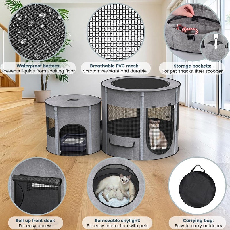 PETOCAT Portable Cat Playpen with Tunnel, 3 in 1 Foldable Puppy Play Pen, Waterproof Bottom, Enclosed 2-Room Separable Pet Tent for Indoor/Outdoor, Multi-Purpose Enclosure Crate Cage for Kitten Dog Rabbit - Image 2
